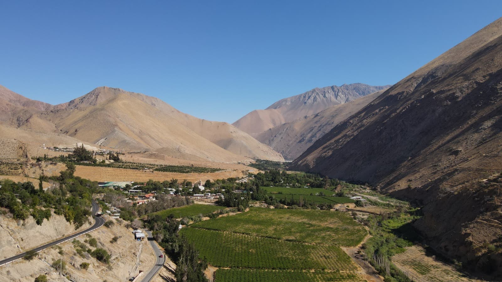 Vista aérea de un pueblo entre viñedos y cerros del Valle de Elqui, con el camino que lo bordea.