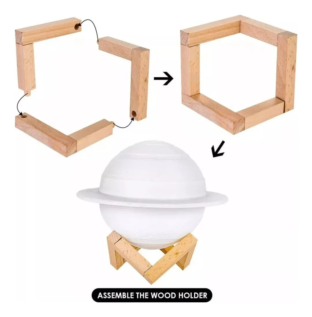 Lámpara Luna Planeta Saturno 3D 16 cm Recargable Led Usb Velador