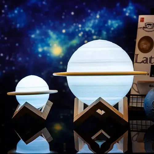 Lámpara Luna Planeta Saturno 3D 16 cm Recargable Led Usb Velador