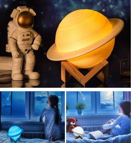 Lámpara Luna Planeta Saturno 3D 16 cm Recargable Led Usb Velador