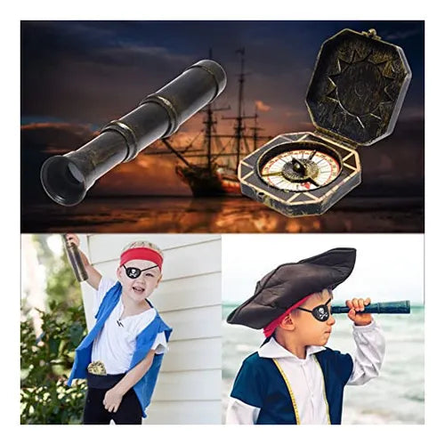 Set de Telescopio Decorativo con Brújula y Parche Pirata | Accesorios para Eventos Temáticos y Cosplay