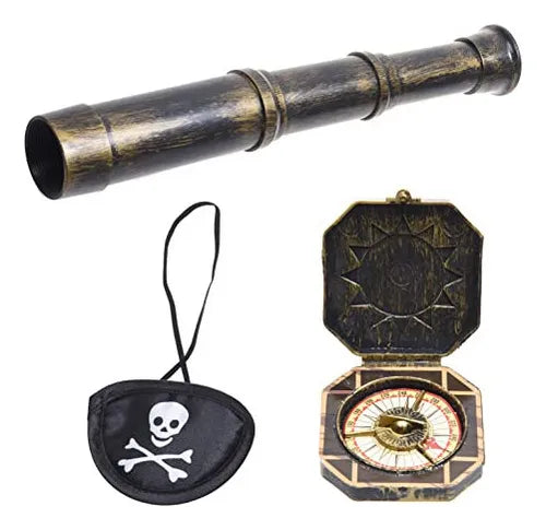 Set de Telescopio Decorativo con Brújula y Parche Pirata | Accesorios para Eventos Temáticos y Cosplay
