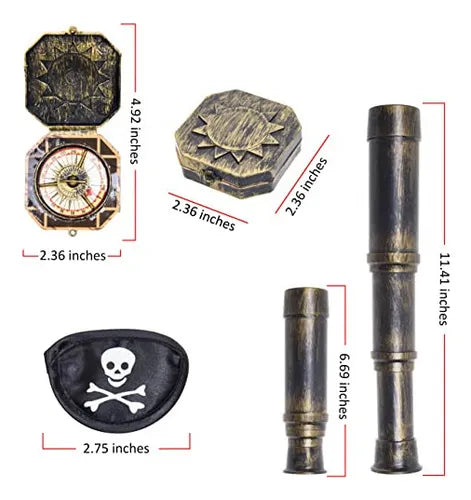 Set de Telescopio Decorativo con Brújula y Parche Pirata | Accesorios para Eventos Temáticos y Cosplay